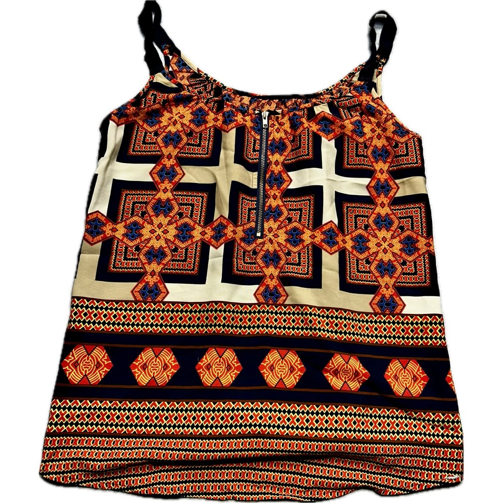 Pixley Tank Top Womens Small Orange Navy Geometric Polyester Boho‎ TS7444-20